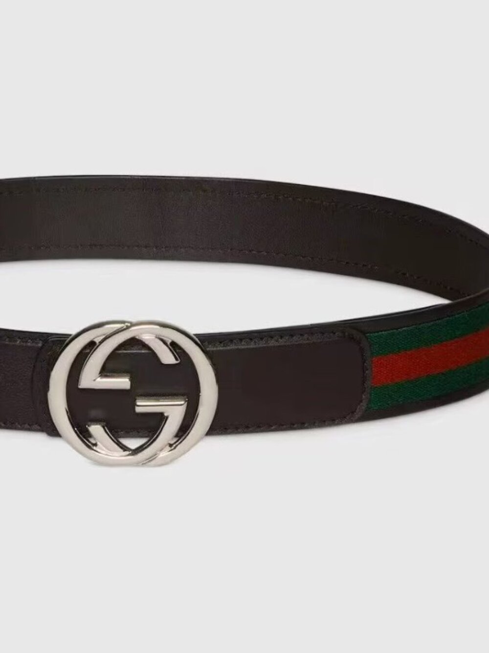 Gucci Black Leather Belt with Red & Green Web Stripe and Silver Double G Buckle